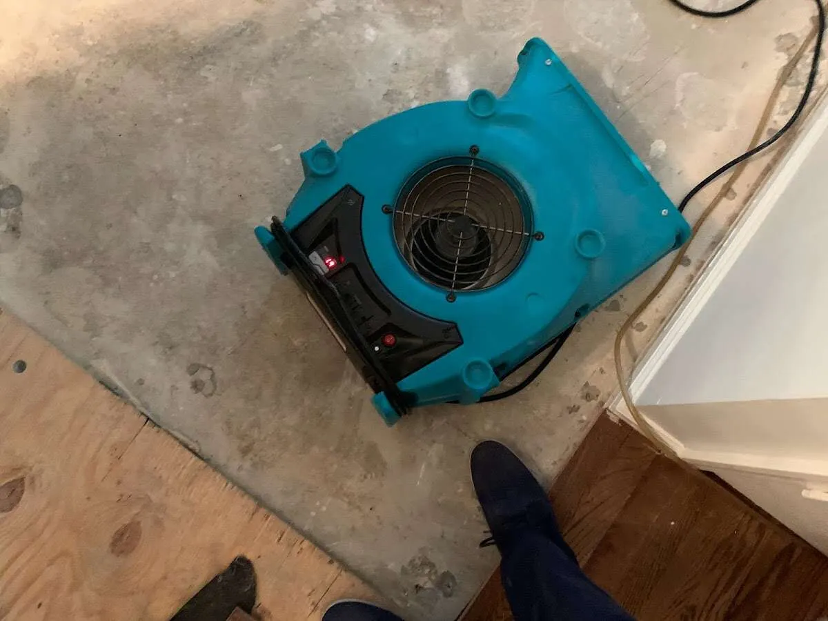 Air mover drying subfloor during Leak Detection & Repair in Lavon
